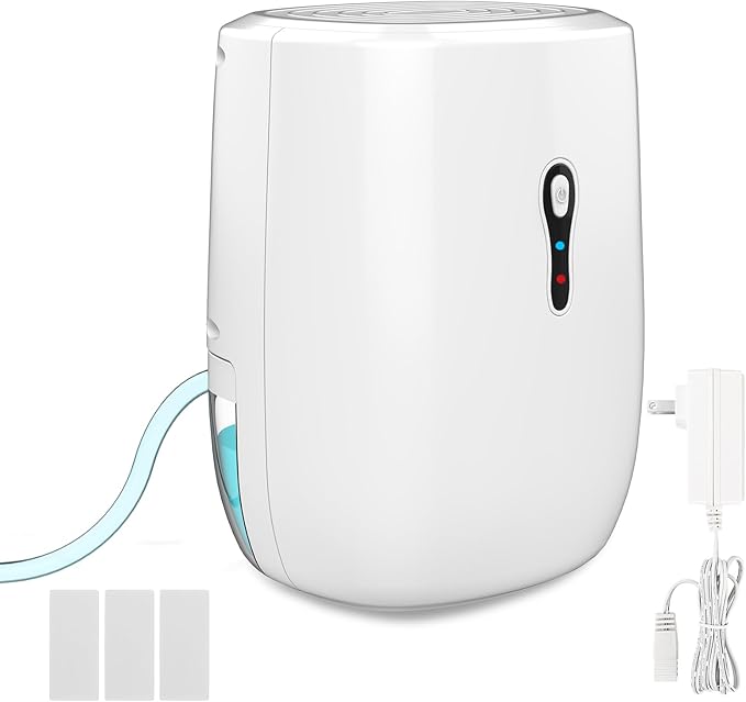 Dehumidifier with Drain Hose. Litever Small Portable Dehumidifier. Auto-OFF. Drain Hose for Continuous Drainage. Effective for Small Bathroom Pantry Closet Basement Wardrobe Gun safe RV Trailer Camper