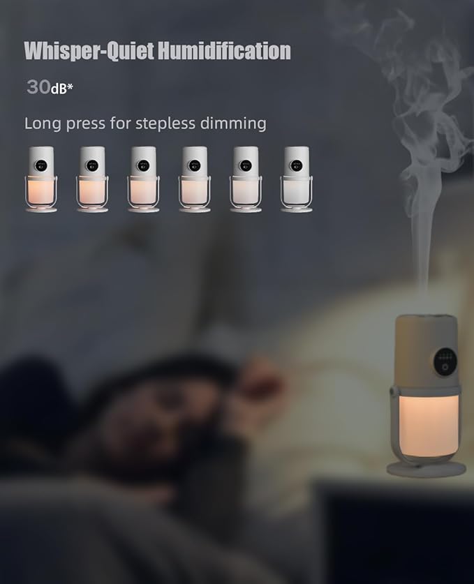 Portable Small Humidifier - Cold Mist Humidifier with 360° Rotating Stand, Stepless Dimming Warm Night Light, 2/8 H Timer Function, Mini humidifier for Bedroom, Plants, Office, and Car