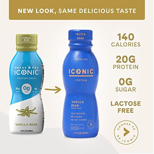 Iconic Protein Drinks, Vanilla Bean (12 Pack) - Sugar Free & Low Carb - 20g Grass Fed Protein - Lactose Free, Gluten Free, Non-GMO, Kosher - Keto Friendly Protein Shakes-FlexoryFit