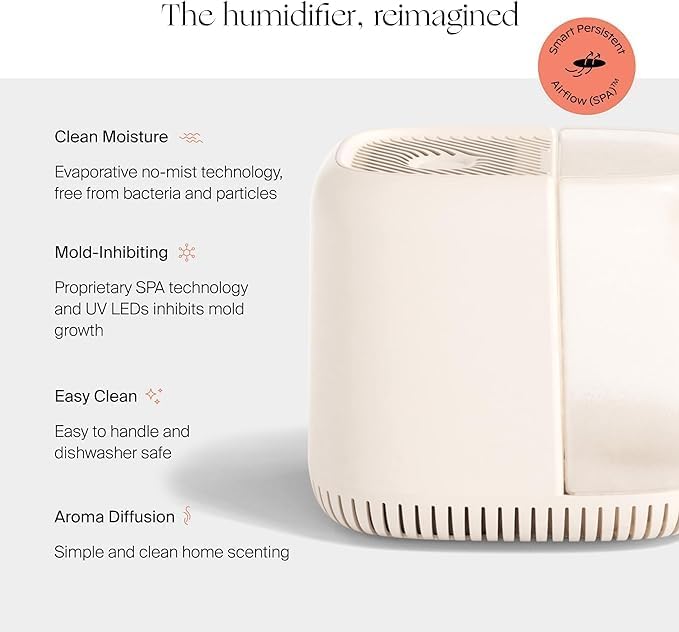 Canopy Bedside Evaporative Humidifier - 36 HR Run Time, 2.5L Capacity - No Mist - Help Alleviate Symptoms of Allergies, Flu, Cold, Dry Skin Includes Humidifier, Unwind Aroma, Filter - White