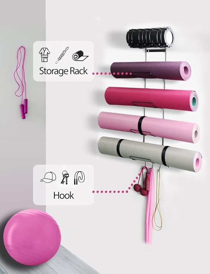 MRZZATA 5-Tiers Yoga Mat Holder Wall Mount, Metal Storage Rack for Mats/Wheels, Foam Roller and Block, Wall Rack with 3-Hooks for Hanging Stretching Strap, Resistance Bands, Yoga Accessories-FlexoryFit