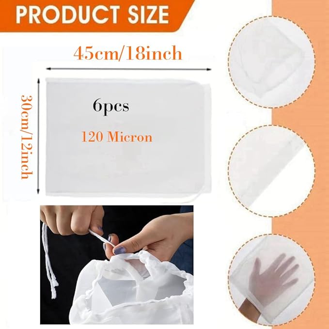 6 Pack Brew Bag Large (12"x18") Straining Bag, Reusable Nylon Cold Brew Bags 120 Micron Fine Mesh Bag with Drawstring for Home Brewing Hops Grains Fruit Apple Grape Wine Straining