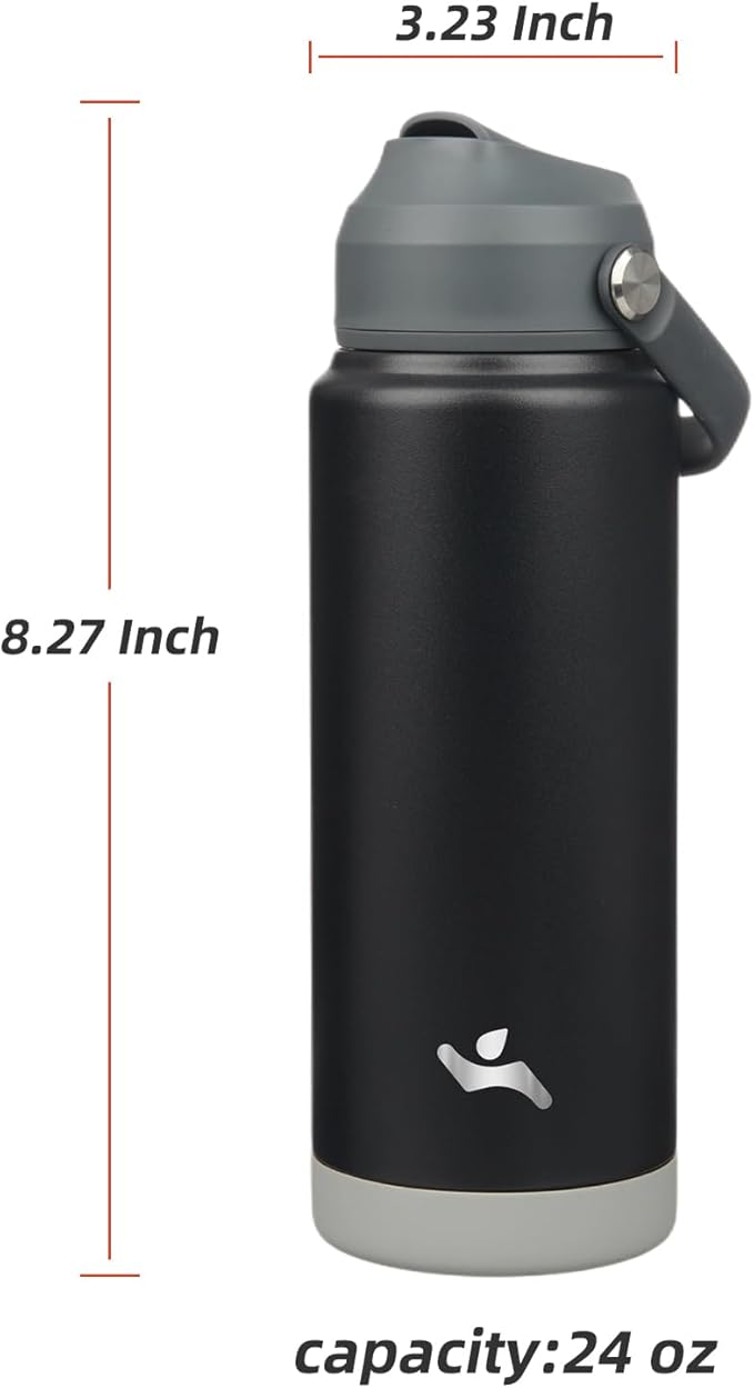 Insulated Water Bottle with Straw Lid,24 oz Stainless Steel Vacuum Metal Bottle with Silicone Handle,Black-FlexoryFit