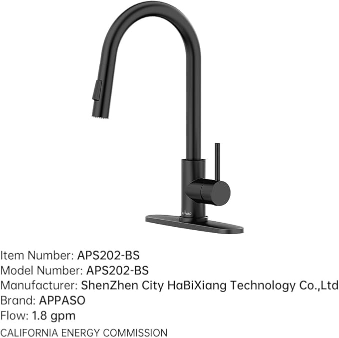 APPASO Black Kitchen Faucet, Modern Kitchen Faucet with Pull Down Sprayer Matte Black, Single-Handle High Arc Gooseneck Modern Kitchen Sink Faucet with Deck Plate APS202-BS