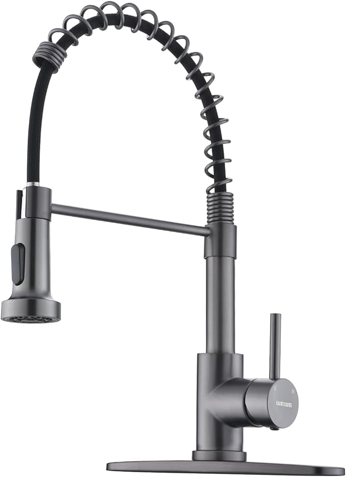 WEWE Black Stainless Kitchen Faucet, Faucet for Kitchen Sink with Pull Down Sprayer Gray Matte Gun Black Kitchen Faucet with Deck Plate Stainless Steel Farmhouse Commercial Single Handle Sink Faucet