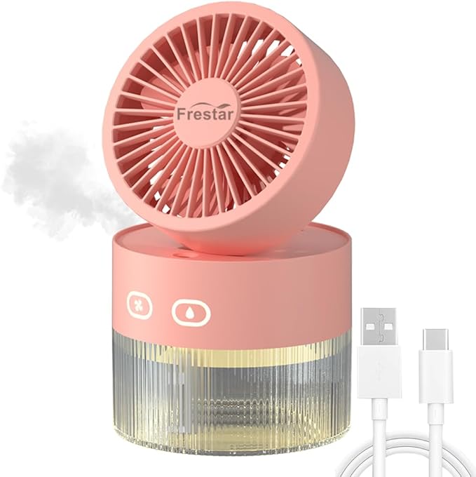 Personal Cooling Fan and Small Air Humidifier 350ml with LED Night Light, Desktop USB Charging Humidifier and Fan 3 in 1 for Office and Small Room, No Battery (Pink)