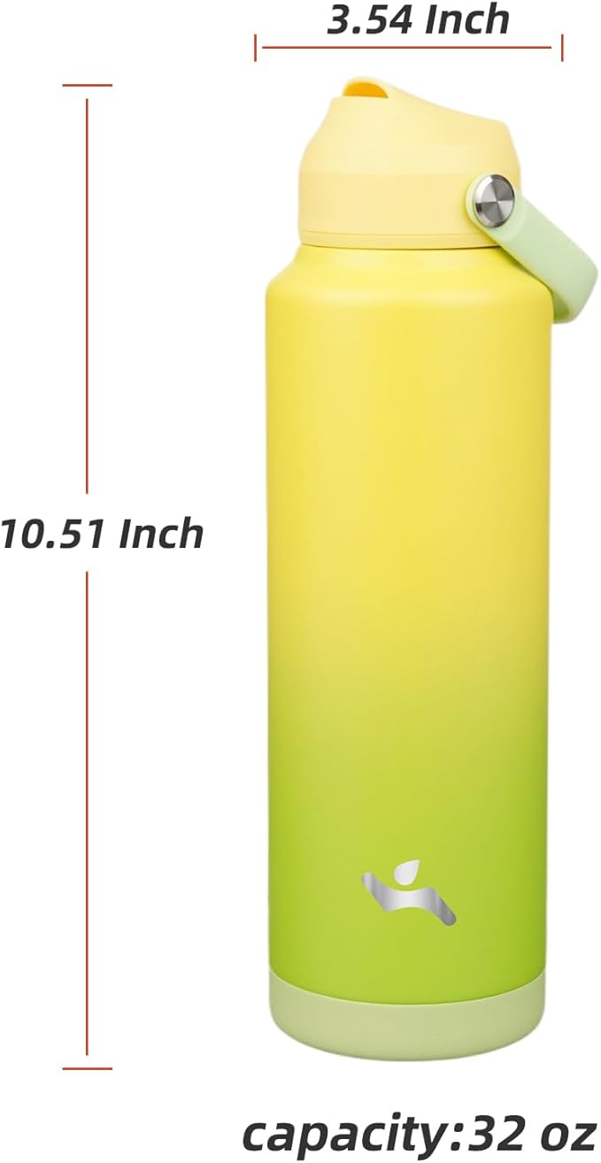 Insulated Water Bottle with Straw Lid,40 oz Stainless Steel Vacuum Metal Bottle with Silicone Handle,Lime-FlexoryFit