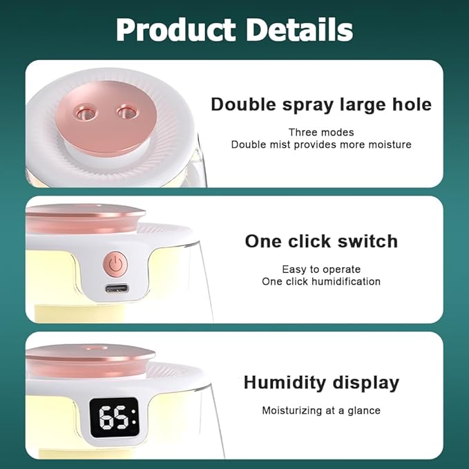 DONGKER Double Spray Humidifier,1L Silent USB Digital Display Humidifier with 2 Mist Modes & Night Light for Car Office Home Room
