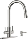 APPASO 2 Handle Kitchen Faucet with Soap Dispenser, Brushed Nickel Two-Handle Kitchen Sink Faucets with S304 Stainless Steel Pull Down Sprayer 1 Mode and Deck Plate for 1 to 4 Holes Sinks, High Arch