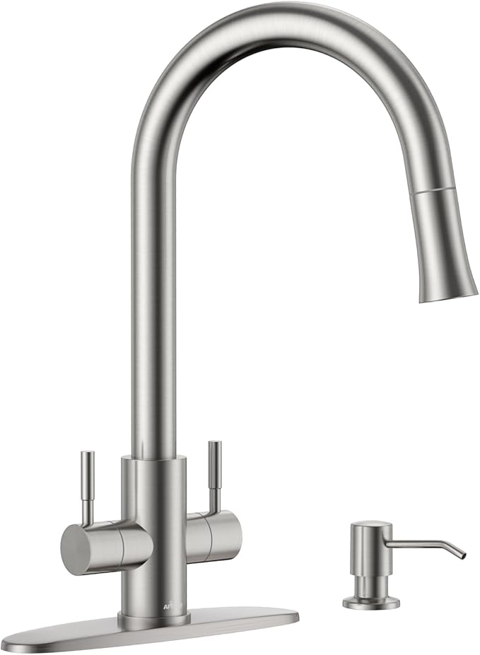 APPASO 2 Handle Kitchen Faucet with Soap Dispenser, Brushed Nickel Two-Handle Kitchen Sink Faucets with S304 Stainless Steel Pull Down Sprayer 1 Mode and Deck Plate for 1 to 4 Holes Sinks, High Arch