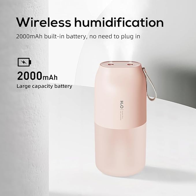 Dual Nozzle Portable Humidifier 300ml with Dual Spray Modes and Night Light for Bedroom and Car