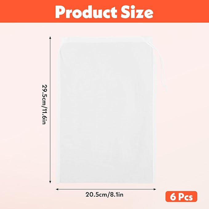 6 Pcs Nut Bag Strainer, 12 X 8 Inch Nylon Cheese Cloth Strainer Bags, Reusable Juice Food Strainer Professional Cheese Cloth Bag, Fine Mesh Bag For Straining Fruit Juice Tofu Yogurt Tea