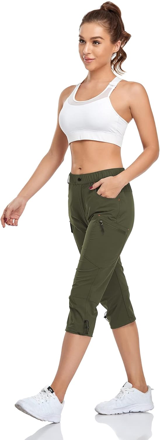 GymBrave Women's Hiking Cargo Pants Quick Dry Outdoor Camping Capris Water Resistant UPF 50 with Zipper Pockets