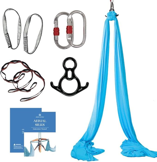 Aerial Silks Starter Kit - Durable 9 Yards of Aerial Yoga Hammock with Hardware & Guide - Aerial Swing for Acrobatic Flying Yoga & All Levels (Aerial Rigging Point Up to 13ft)-FlexoryFit