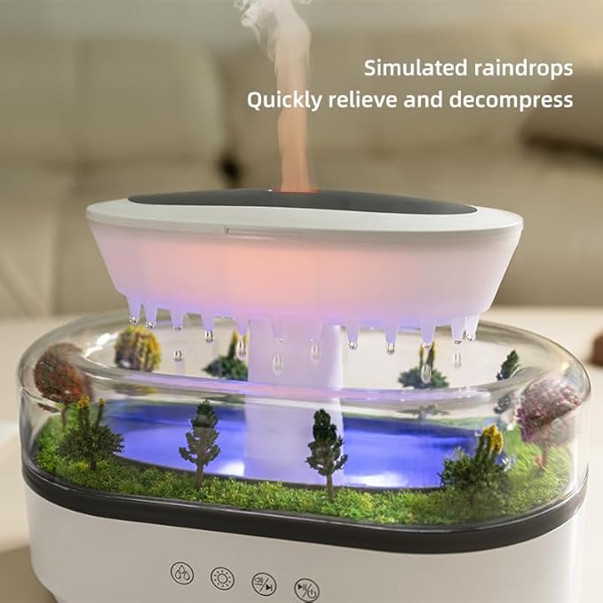 Upgrade Raindrop Humidifier Essential Oil Diffuser with Natural White Noise and Landscape Design，7 Led Colors Change Desktop Diffuser for Home Office Bedroom Waterdrop Diffuser Auto Shut-Off 250ml