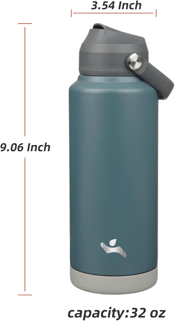 Insulated Water Bottle with Straw Lid,32 oz Stainless Steel Vacuum Metal Bottle with Silicone Handle,Dark Gray-FlexoryFit