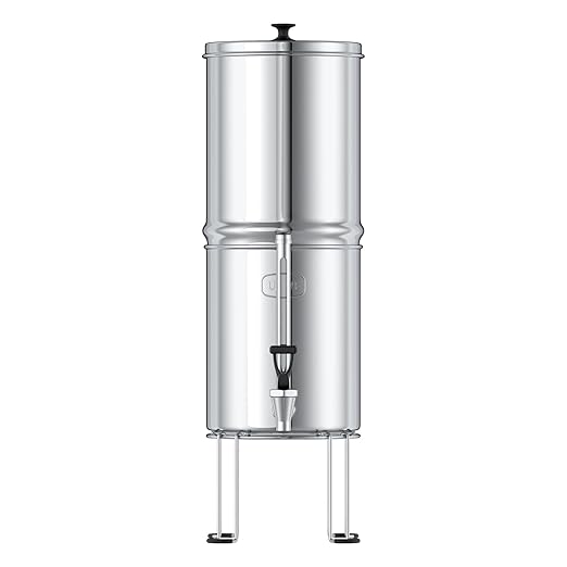 USWF Gravity Fed Water Filter System, 2.25 Gal Stainless Steel, w/ 2 Carbon Filters, 2 Fluoride Filters, Portable w/Metal Sight Glass Spigot & Stand, NSF/ANSI 372 Certified