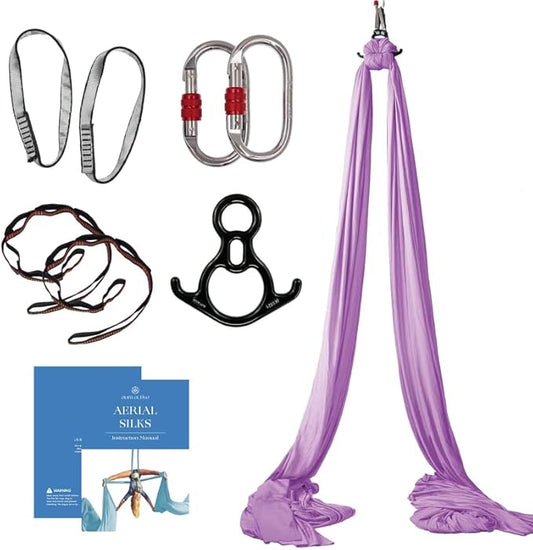 Aerial Silks Starter Kit - Durable 9 Yards of Aerial Yoga Hammock with Hardware & Guide - Aerial Swing for Acrobatic Flying Yoga & All Levels (Aerial Rigging Point Up to 13ft)-FlexoryFit