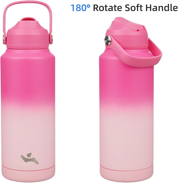 Insulated Water Bottle with Straw Lid,32 oz Stainless Steel Vacuum Metal Bottle with Silicone Handle,Cherry Blossom-FlexoryFit