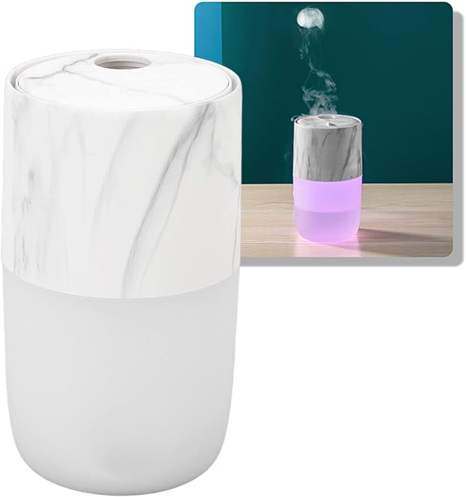 Portable Mist Humidifier, 300ml Capacity Personal Air Humidifier with Timing Function, Jellyfish Shaped Spray Mist, Mobile Using Office Humidifier with Colorful Night Light for Cars,(Marble Color)