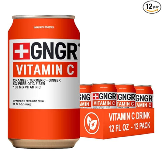 '+GNGR Sparkling Vitamin C Prebiotic Drink - Caffeine free - 5g Prebiotic Fiber - Orange Juice - Ginger Juice - Turmeric - Acerola - Apple Cider Vinegar - Prebiotic Soda - Immunity (12 oz - 12 Pack)-FlexoryFit