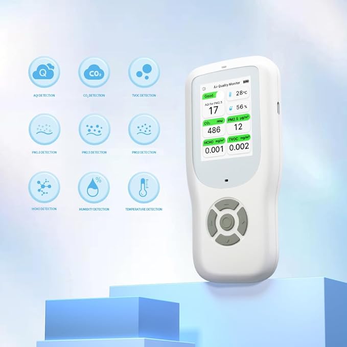 Air Quality Monitor Indoor, Handheld Air Quality Detector with Stand, Real-Time Air Meter Test AQI, PM1.0, PM2.5, PM10, CO2, TVOC, HCHO, Temperature and Humidity with Alert -White