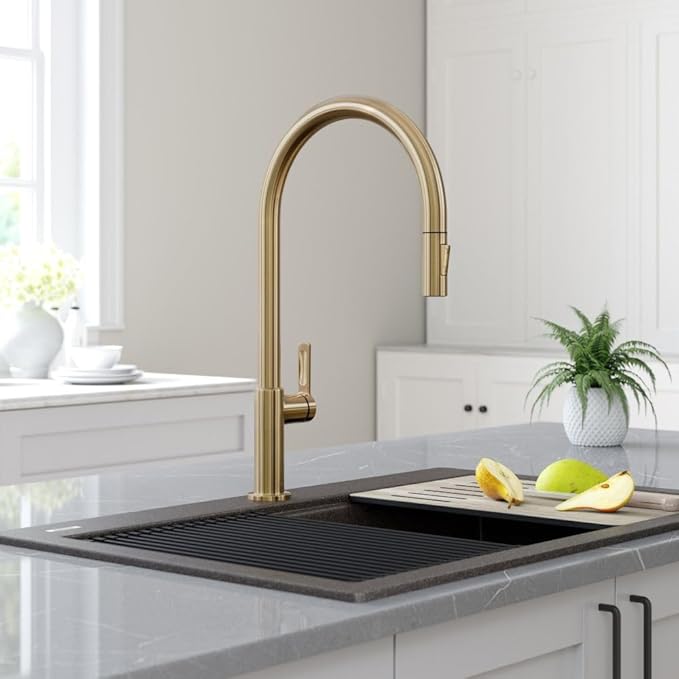 KRAUS Oletto High-Arc Single Handle Pull-Down Kitchen Faucet in Spot Free Antique Champagne Bronze, KPF-2821SFACB