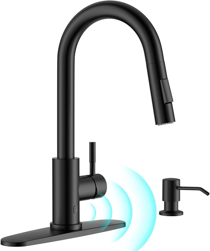 APPASO Matte Black Touchless Kitchen Faucet with Pull Down Sprayer – Hands-Free Motion Sensor, 2 Spray Modes, Built-in Soap Dispenser, High Arc Stainless Steel for Kitchen Sink