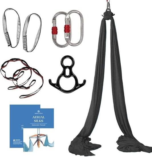 Aerial Silks Starter Kit - Durable 9 Yards of Aerial Yoga Hammock with Hardware & Guide - Aerial Swing for Acrobatic Flying Yoga & All Levels (Aerial Rigging Point Up to 13ft)-FlexoryFit