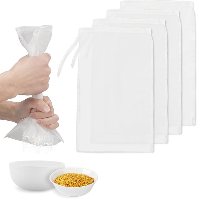 4 Pack Nylon Nut Milk Bag, 8 × 12 Inches Fine Mesh Cheese Cloth Multiple Food Strainer with Drawstring Reusable Professional Cold Brew Filter for Straining Juice Coffee Yogurt Tea Almond Milk