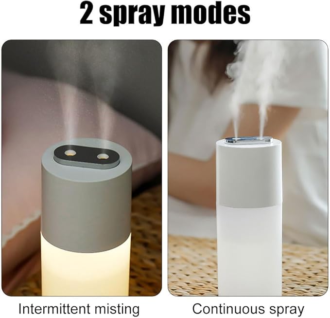Mini Humidifier, 400ML Portable Air Diffuser with Night Light, Dual Spray Nozzles, 2 Mist Modes, Silent Car Humidifier for Office Home Bedroom