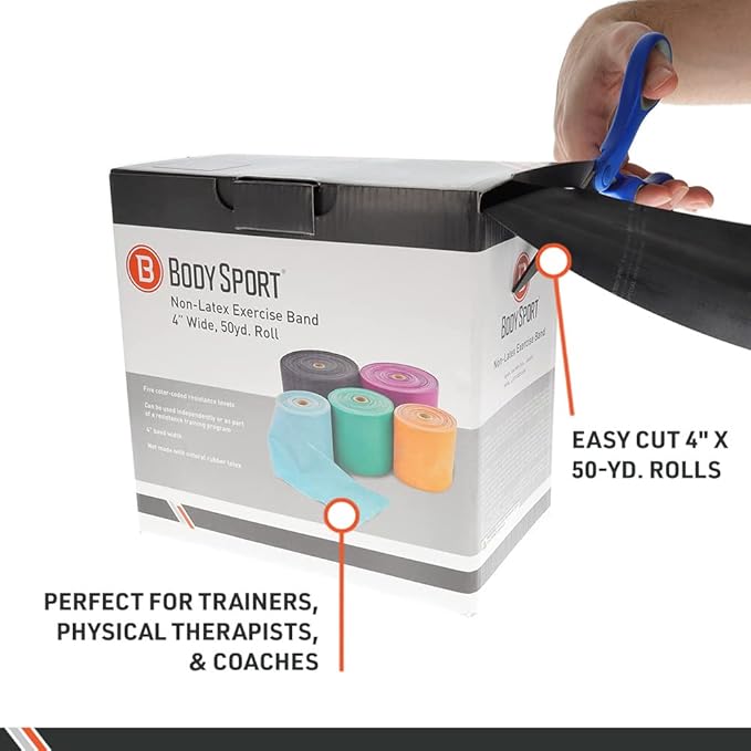 Body Sport Exercise Band, 50 yd. x 4 in. Roll, Heavy Resistance - Home & Gym Fitness Equipment for Stretching, Strength Training & Physical Therapy (Green)-FlexoryFit