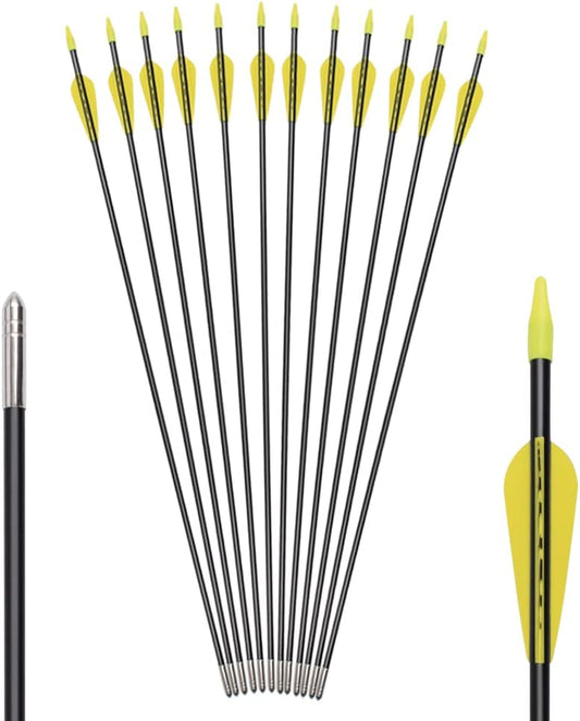 6875 Fiberglass Arrows Archery 24/26/28/30Inch Target Shooting Safetyglass Recurve Bows Suitable for Youth Children Woman Beginner (tigerspot Yellow Vanes)