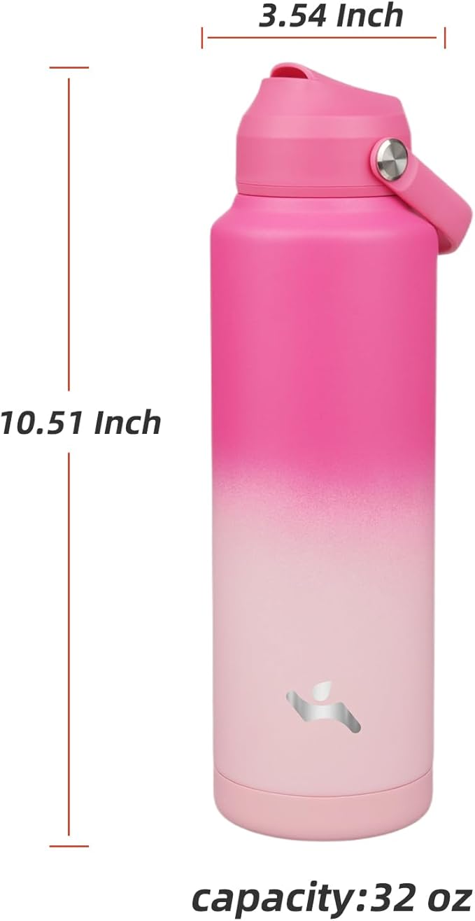 Insulated Water Bottle with Straw Lid,40 oz Stainless Steel Vacuum Metal Bottle with Silicone Handle,Cherry Blossom-FlexoryFit