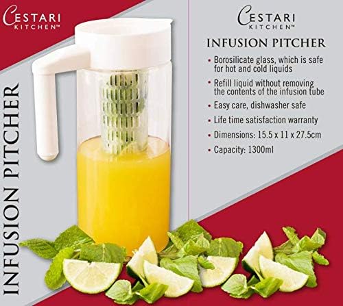 Premium Glass Water Pitcher with Fruit Infuser | BPA Free Borosilcate Glass Infuser Pitcher with Lid | Enjoy Infusing Hot + Cold Tea, Coffee, Water, Juice, Vodka, Tequila - White 44 oz - Cestari.