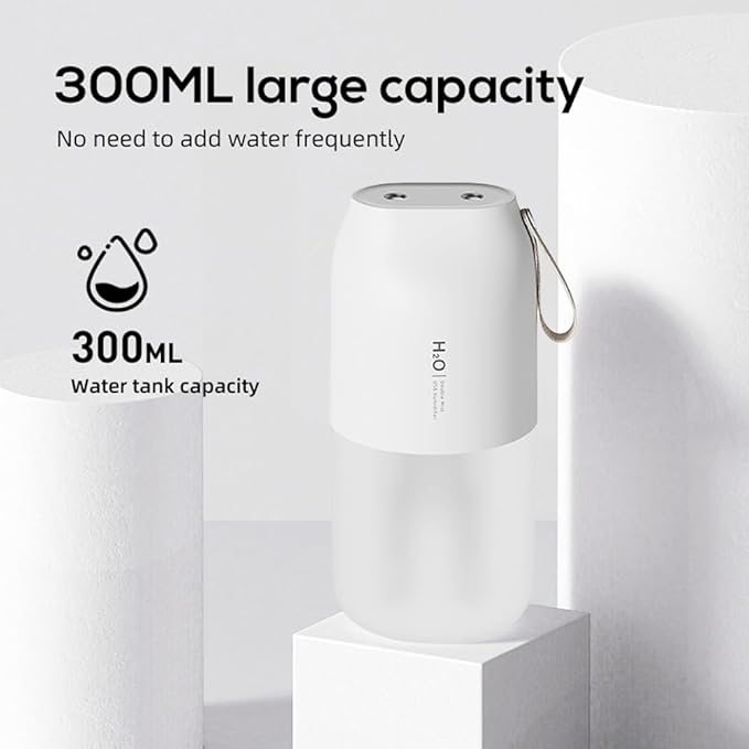 Dual Nozzle Portable Humidifier 300ml with Dual Spray Modes and Night Light for Bedroom and Car