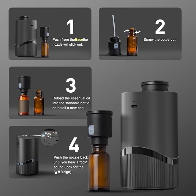 Waterless Essential Oil Diffuser -Aroma Diffuser, Portable Smart Scent Air Machine 1/2/3 & Continuous Mist, Anti-TIPP, Timer Setting and Auto-Off Function (Black)