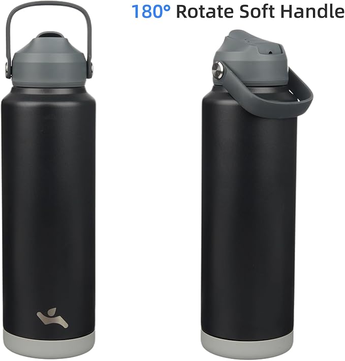 Insulated Water Bottle with Straw Lid,40 oz Stainless Steel Vacuum Metal Bottle with Silicone Handle,Black-FlexoryFit