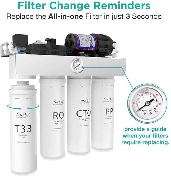 SimPure T1-400UV Tankless Reverse Osmosis System with UV, NSF/ANSI 58 Certified, Under Sink RO Water Filter System 400 GPD, 8 Stage Filtration Near 0 TDS, Built-in Pump, BPA Free, 1.5:1 Pure to Drain