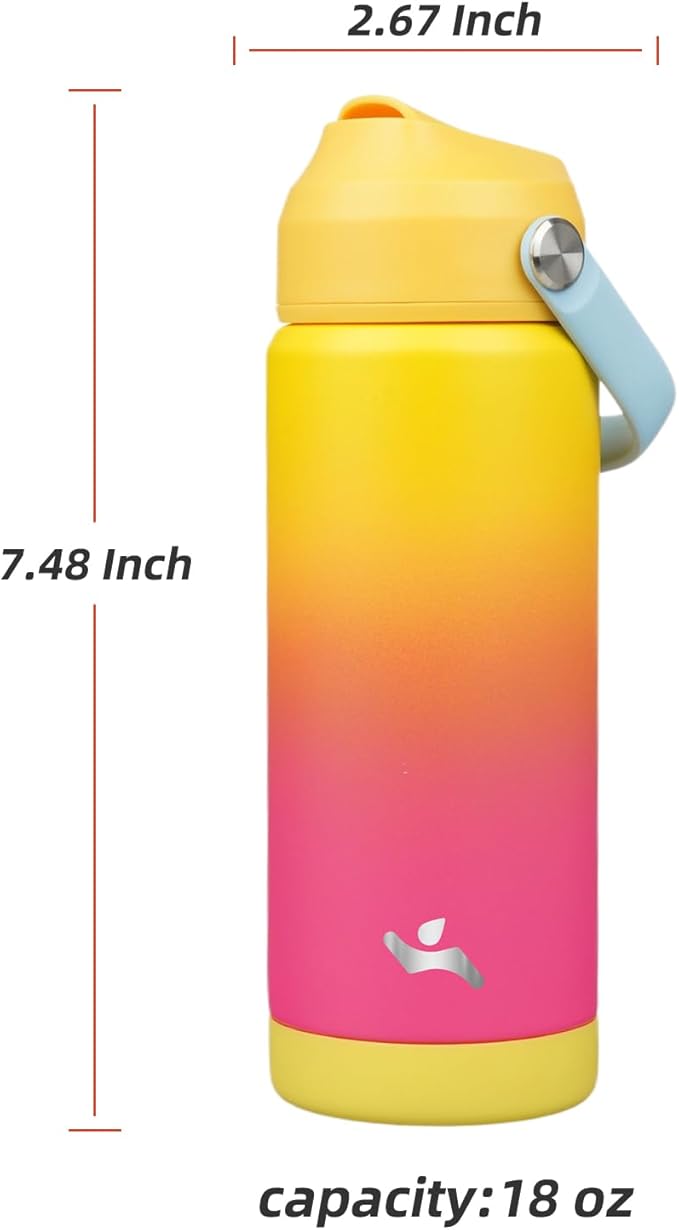 Insulated Water Bottle with Straw Lid,18 oz Stainless Steel Vacuum Metal Bottle with Silicone Handle,Rainbow-FlexoryFit