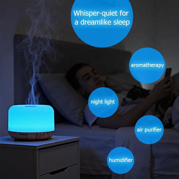 500ml Premium Essential Oil Diffuser,Quiet 4-in-1 Ultrasonic Aromatherapy Humidifier,7 Color LED Lights,with Adjustable Automatic Timer Off Function and Spray Mode. (Light Woodgrain)