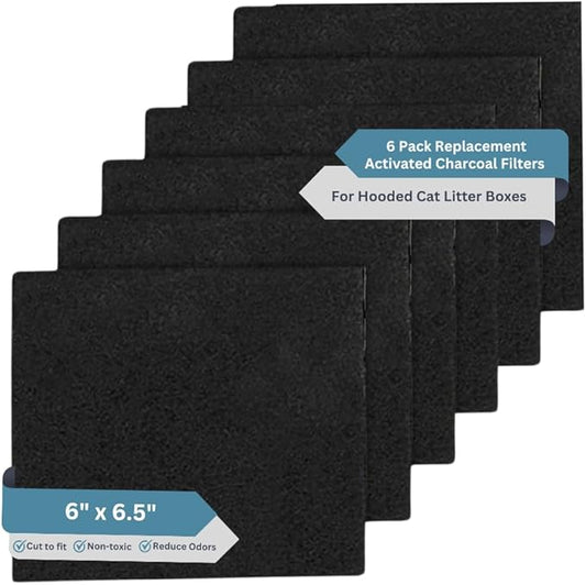 6-Pack Activated Carbon Cat Litter Box Filters Replacement - Trimmable 6" x 6.5" Organic Activated Charcoal Filter - Ideal Hooded Litter Box Deodorizer, Superior Odor Absorbing