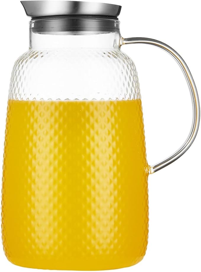 Purefold Pitcher with Lid, 78 oz Glass Jug with Stainless Steel Lid for Hot and Cold Water, Fruit Tea, Coffee Maker, Ice Tea, Juice, Pineapple Series (Clear)