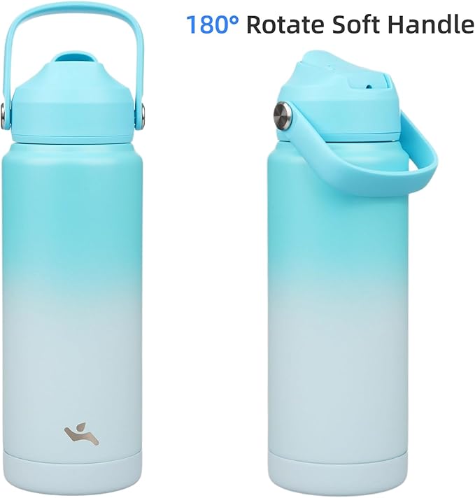 Insulated Water Bottle with Straw Lid,24 oz Stainless Steel Vacuum Metal Bottle with Silicone Handle,Sea Salt-FlexoryFit
