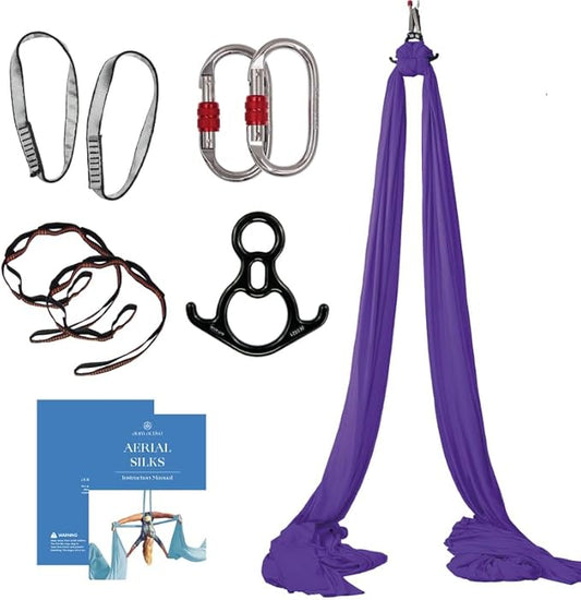 Aerial Silks Starter Kit - Durable 9 Yards of Aerial Yoga Hammock with Hardware & Guide - Aerial Swing for Acrobatic Flying Yoga & All Levels (Aerial Rigging Point Up to 13ft)-FlexoryFit