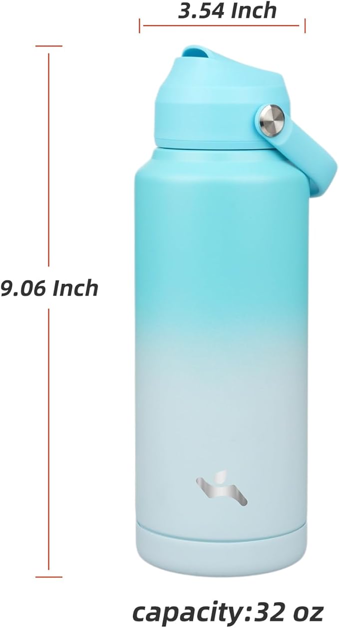 Insulated Water Bottle with Straw Lid,32 oz Stainless Steel Vacuum Metal Bottle with Silicone Handle,Sea Salt-FlexoryFit