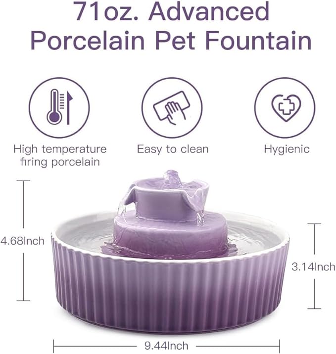 2.1L Ceramic Cat Water Fountain-for Cats and Dogs, 360 Ceramic Pet Fountain-70 Oz Large Water Capacity - Whisper-Quiet Water Flow-Great for Shy or Timid Pets - Fresh, Filtered Water(Purple)
