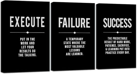 Framed Canvas Wall Art Success Quote, Office Wall Art, Black Large Poster, Positive Motivational Set of 3 Prints, Execute Failure Definition, Inspirational Print (A-3pcs,20x30inchx3pcs)-FlexoryFit