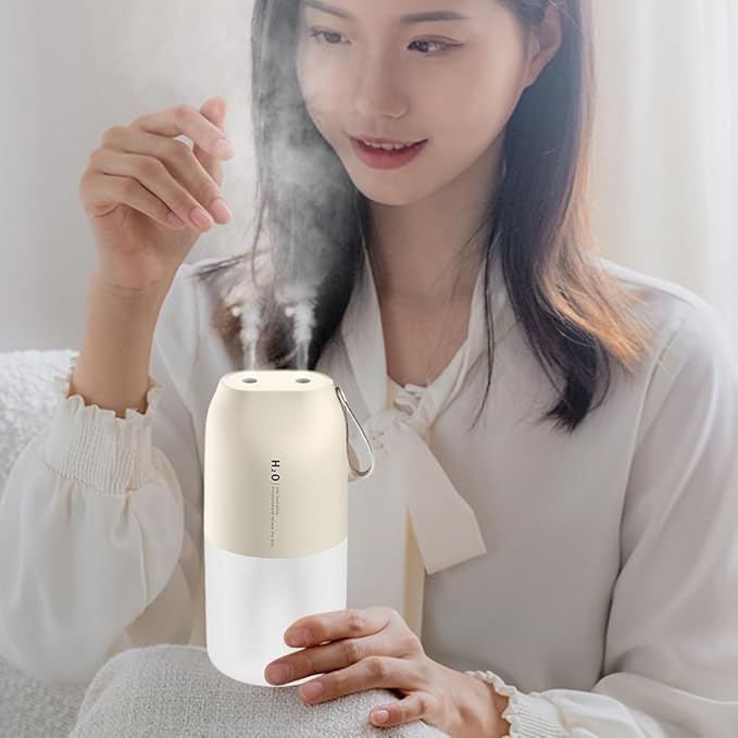 Dual Nozzle Portable Humidifier 300ml with Dual Spray Modes and Night Light for Bedroom and Car