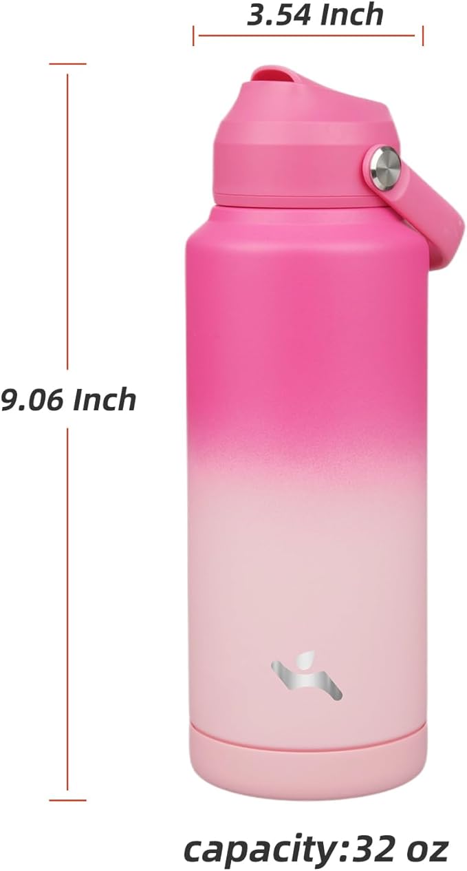 Insulated Water Bottle with Straw Lid,32 oz Stainless Steel Vacuum Metal Bottle with Silicone Handle,Cherry Blossom-FlexoryFit